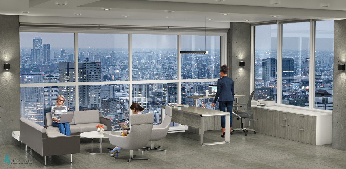 Modern Height-Adjustable Executive U-Shape Desk Set and informal, cozy Lounge Meeting Area