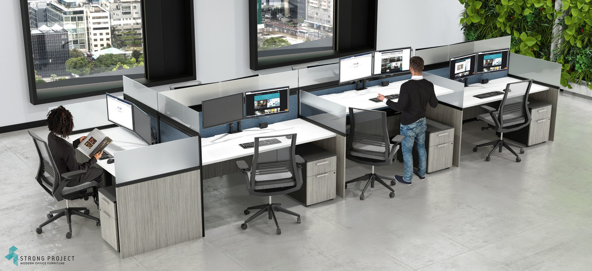 Post-COVID Modern Call Center Cubicles with Sit-Stand Desks & integrated Manager Station