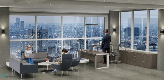 Modern Height-Adjustable Executive U-Shape Desk Set and informal, cozy Lounge Meeting Area