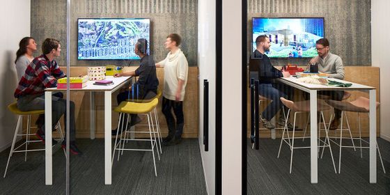 Collaborative Bar Height Huddle Room, Countertop Height Office Desk
